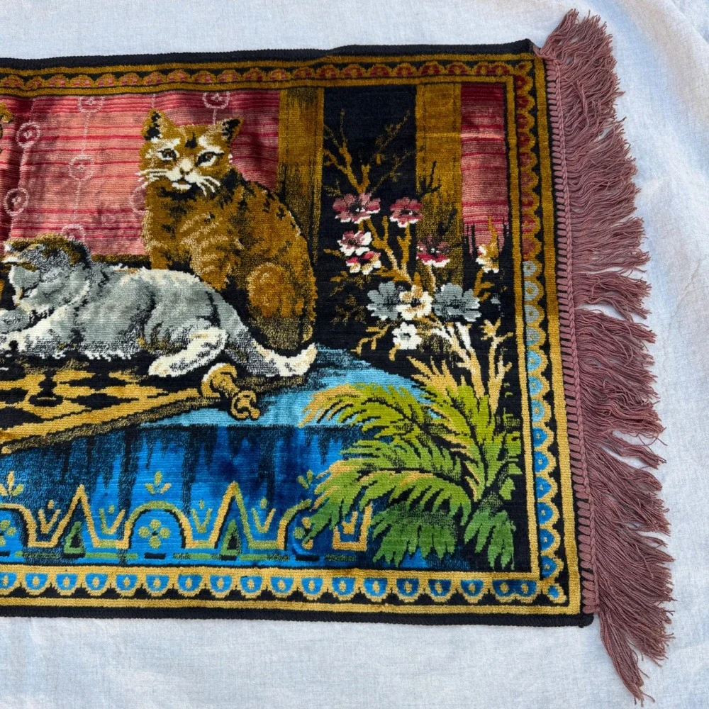 Vintage Mid-Century 1950s 60s Velvet Tapestry Frinhe Cats Playing Chess Wall Rug